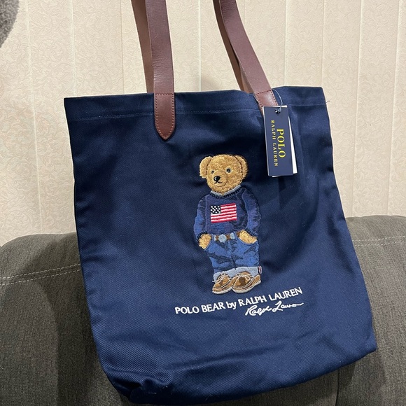 NEW Polo Ralph Lauren Polo Bear American flag sweater Navy Tote Bag - Picture 6 of 13